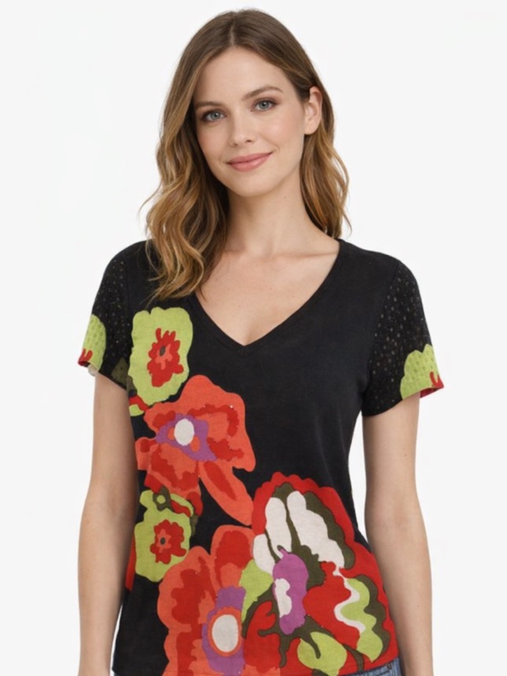 🚨Women's Vintage Floral Vibrant Multicolor T-Shirt Top Size: SP Wearable Art